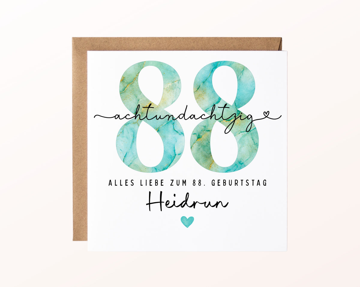 88. Geburtstag – Karte mit Beispielnamen und Umschlag