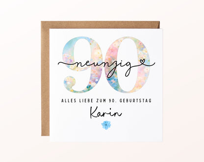 90. Geburtstag – Karte mit Beispielnamen und Umschlag