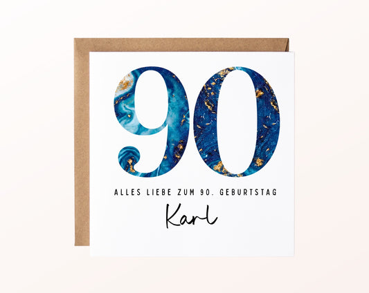 90. Geburtstag – Karte mit Beispielnamen und Umschlag