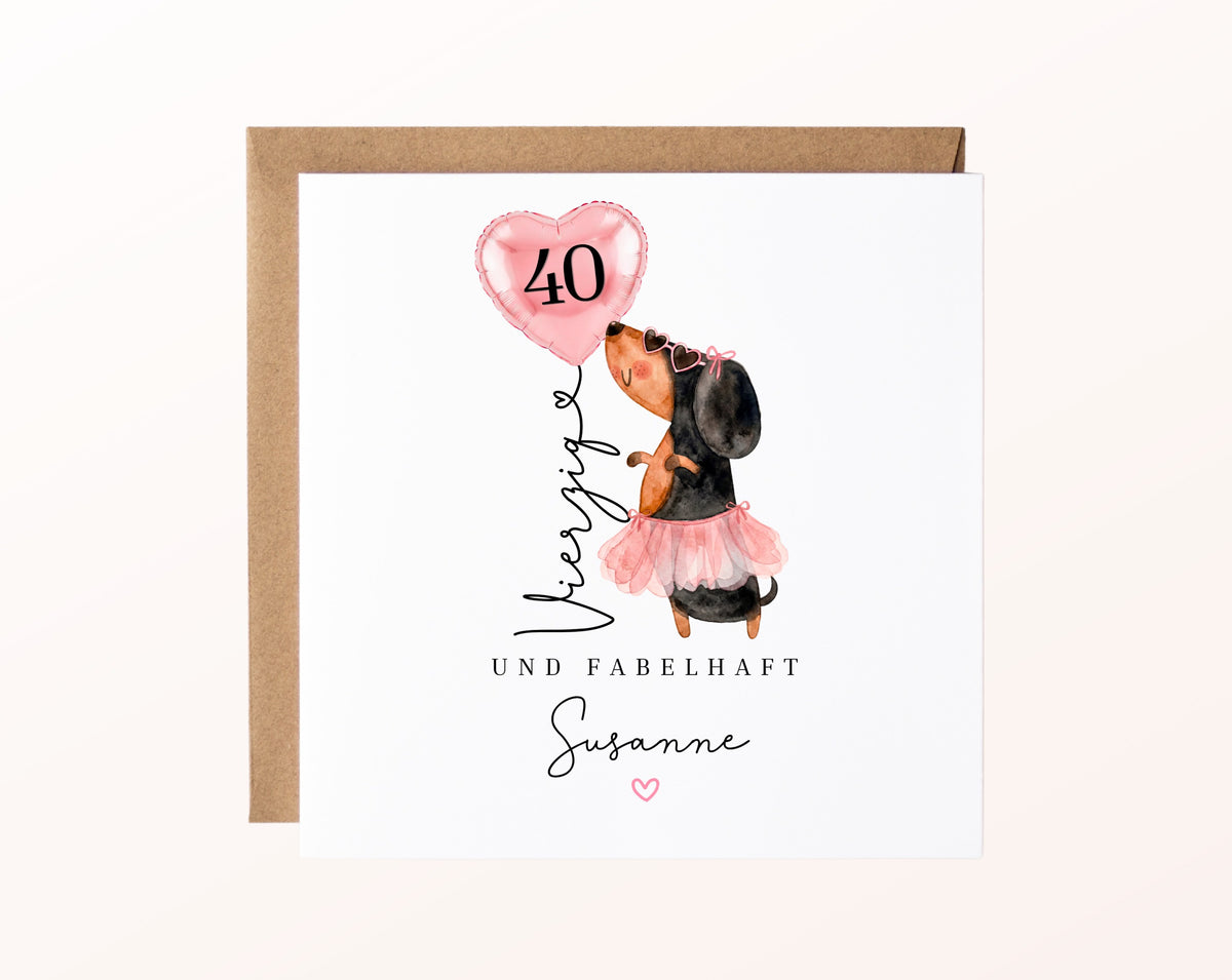 Personalisierte Geburtstagskarte zum 40. – Dackel und Herzballon – Karte mit Kraftpapierumschlag