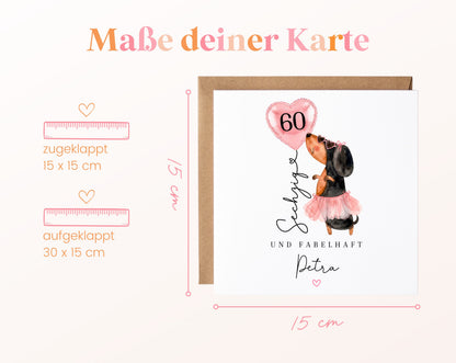 Personalisierte Geburtstagskarte zum 60. – Dackel und Herzballon – Maße der Karte