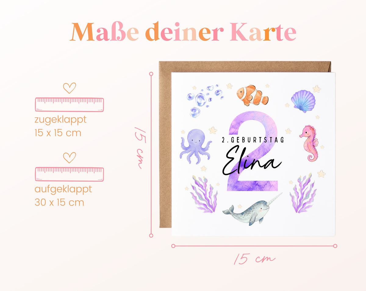Personalisierte Kindergeburtstagskarte zum 2. – Meerestiere – Maße der Karte