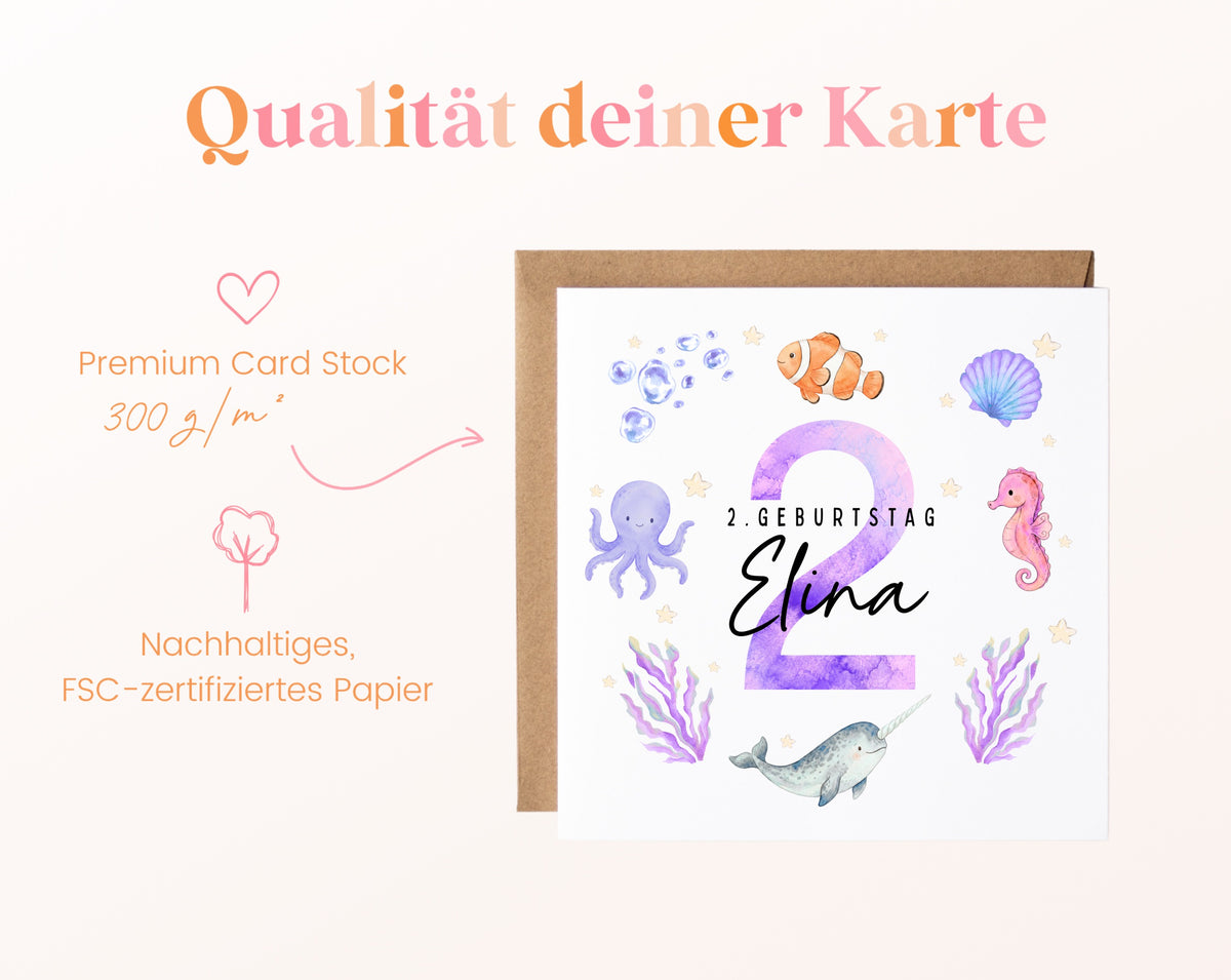 Personalisierte Kindergeburtstagskarte zum 2. – Meerestiere – 300 g/m² Papier und FSC-Zertifizierung