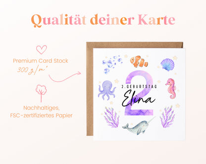 Personalisierte Kindergeburtstagskarte zum 2. – Meerestiere – 300 g/m² Papier und FSC-Zertifizierung
