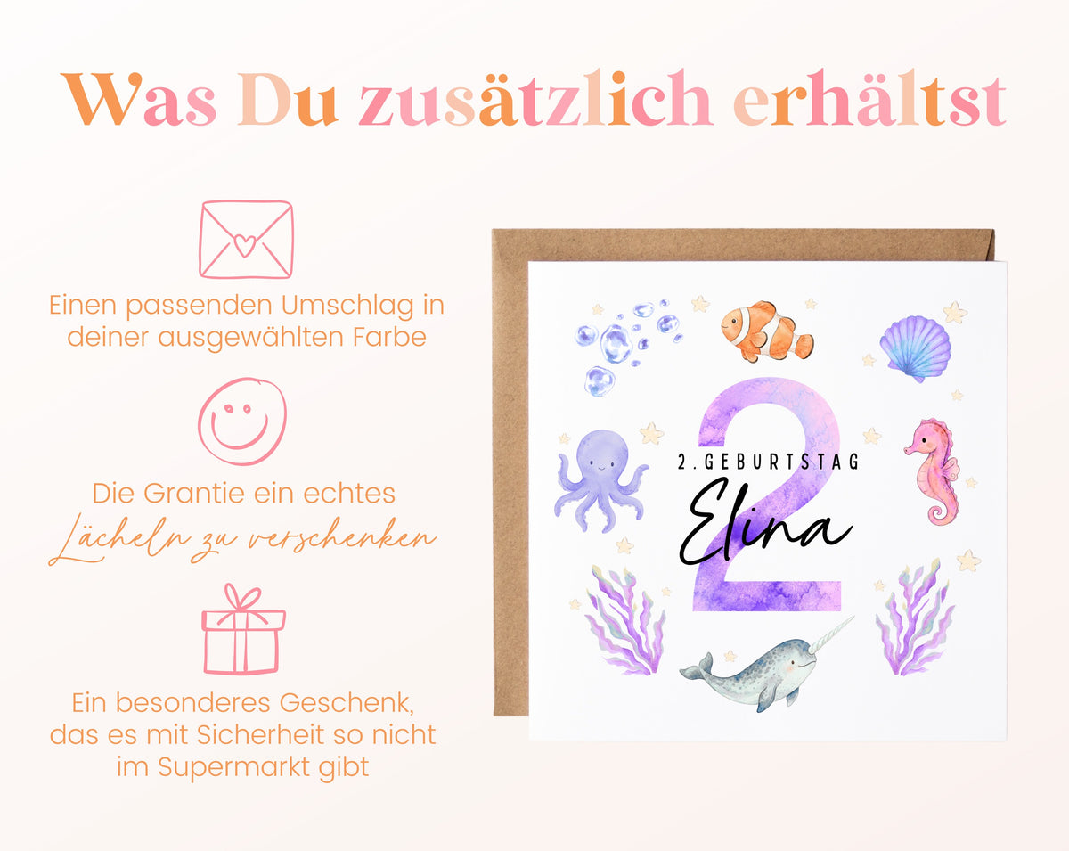 Personalisierte Kindergeburtstagskarte zum 2. – Meerestiere – Zusätzliche Produktinformationen