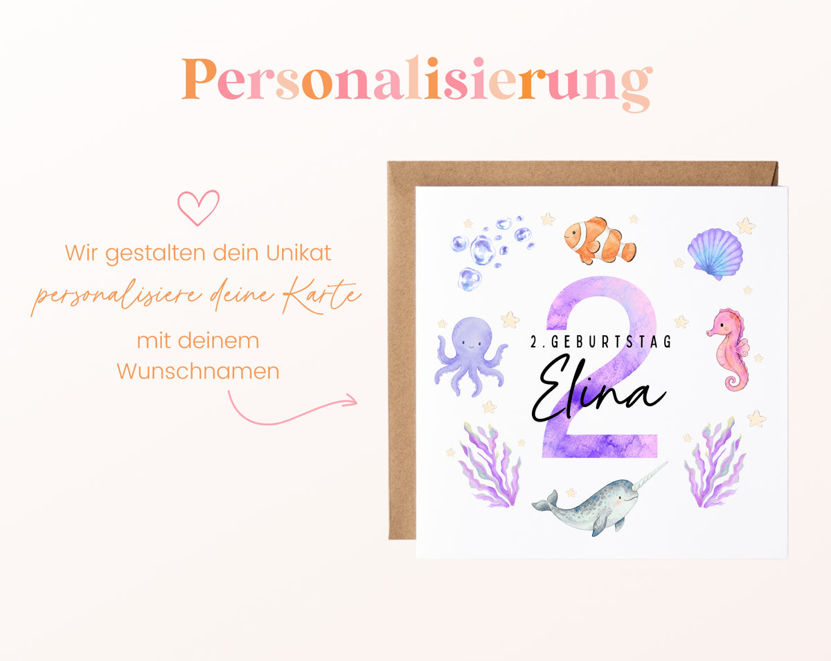 Personalisierte Kindergeburtstagskarte zum 2. – Meerestiere – Hinweis zur Personalisierung mit Wunschname