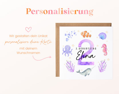 Personalisierte Kindergeburtstagskarte zum 2. – Meerestiere – Hinweis zur Personalisierung mit Wunschname