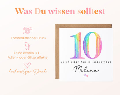 Personalisierte Kindergeburtstagskarte zum 10. – Regenbogenzahl – Hinweise zum fotorealistischen Druck