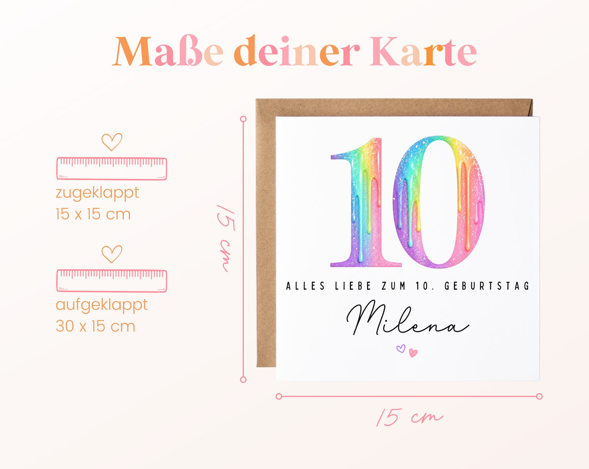 Personalisierte Kindergeburtstagskarte zum 10. – Regenbogenzahl – Maße der Karte