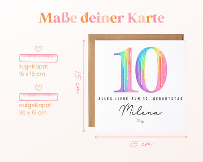 Personalisierte Kindergeburtstagskarte zum 10. – Regenbogenzahl – Maße der Karte