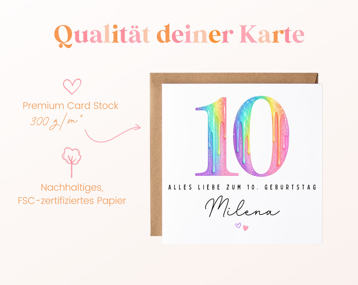 Personalisierte Kindergeburtstagskarte zum 10. – Regenbogenzahl – 300 g/m² Papier und FSC-Zertifizierung