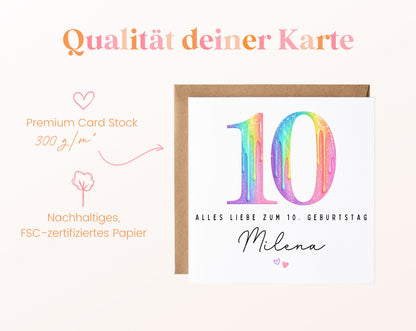 Personalisierte Kindergeburtstagskarte zum 10. – Regenbogenzahl – 300 g/m² Papier und FSC-Zertifizierung