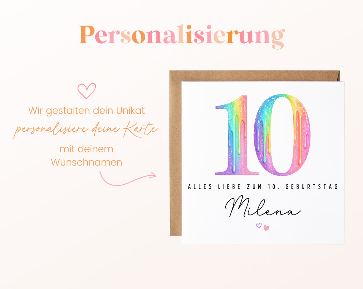 Personalisierte Kindergeburtstagskarte zum 10. – Regenbogenzahl – Hinweis zur Personalisierung mit Wunschname