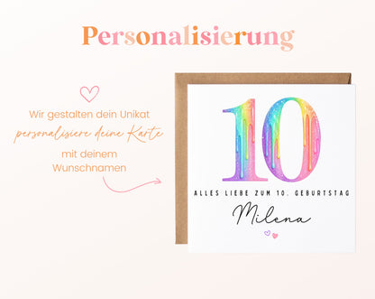 Personalisierte Kindergeburtstagskarte zum 10. – Regenbogenzahl – Hinweis zur Personalisierung mit Wunschname