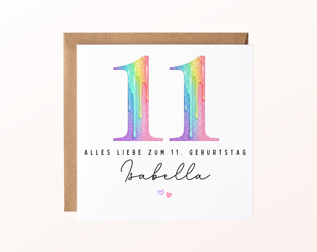 Personalisierte Kindergeburtstagskarte zum 11. – Regenbogenzahl – Karte mit Kraftpapierumschlag