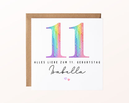 Personalisierte Kindergeburtstagskarte zum 11. – Regenbogenzahl – Karte mit Kraftpapierumschlag