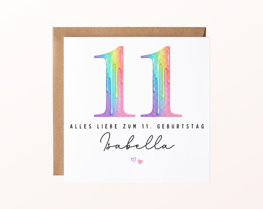 Personalisierte Kindergeburtstagskarte zum 11. – Regenbogenzahl – Karte mit Kraftpapierumschlag