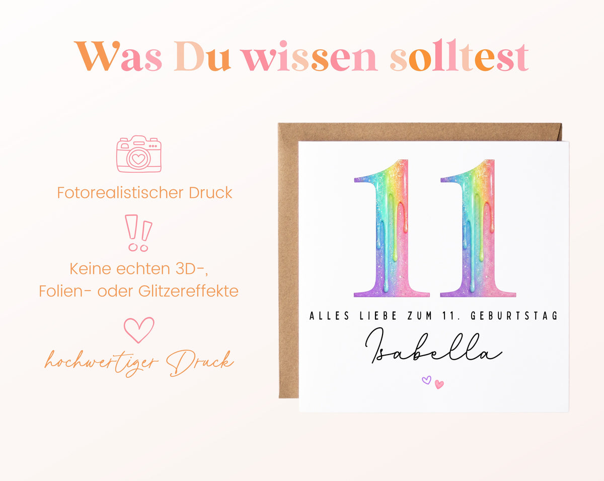 Personalisierte Kindergeburtstagskarte zum 11. – Regenbogenzahl – Hinweise zum fotorealistischen Druck