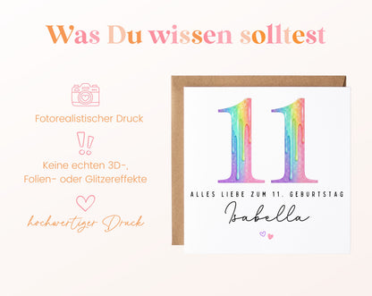 Personalisierte Kindergeburtstagskarte zum 11. – Regenbogenzahl – Hinweise zum fotorealistischen Druck