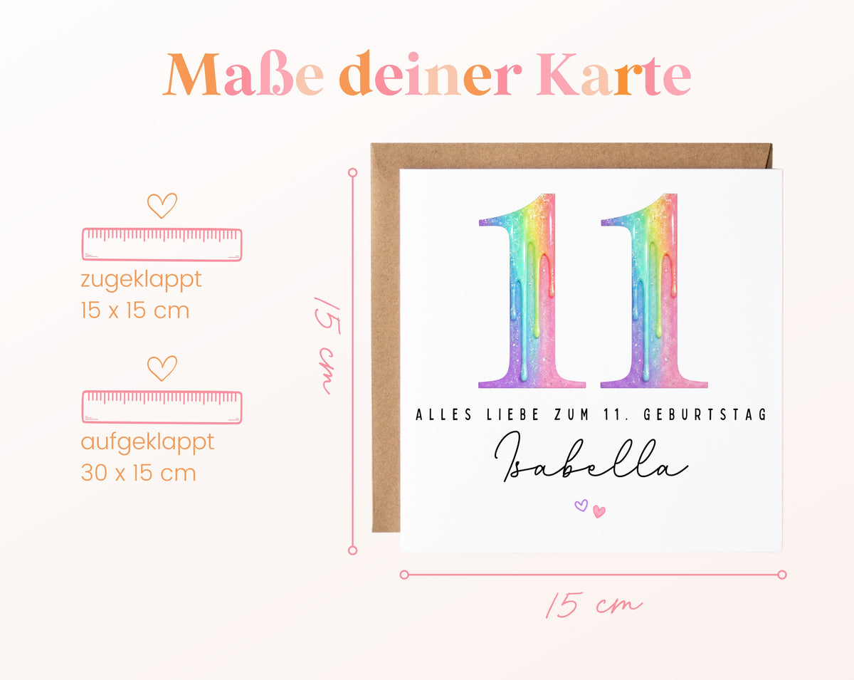 Personalisierte Kindergeburtstagskarte zum 11. – Regenbogenzahl – Maße der Karte