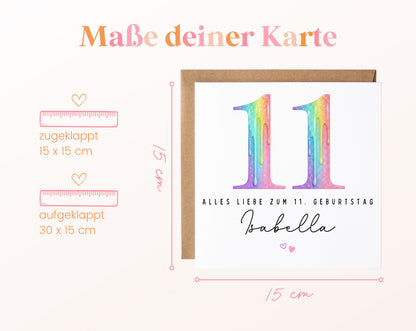 Personalisierte Kindergeburtstagskarte zum 11. – Regenbogenzahl – Maße der Karte