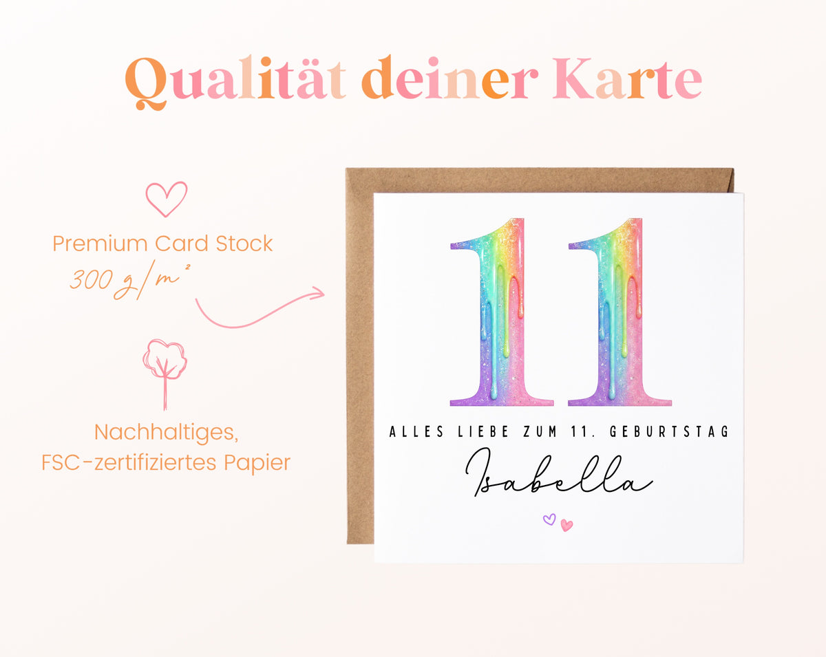 Personalisierte Kindergeburtstagskarte zum 11. – Regenbogenzahl – 300 g/m² Papier und FSC-Zertifizierung