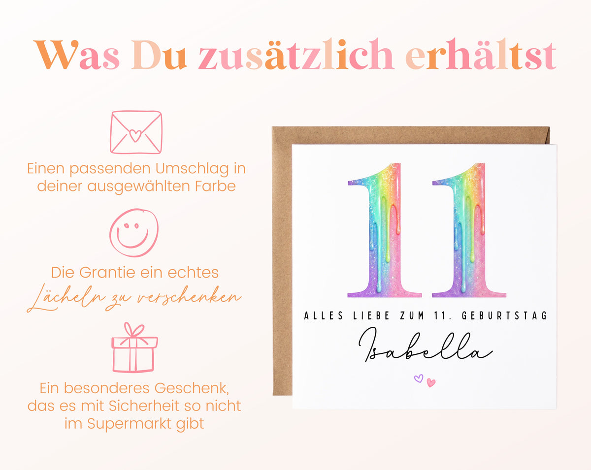 Personalisierte Kindergeburtstagskarte zum 11. – Regenbogenzahl – Zusätzliche Produktinformationen