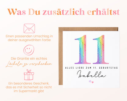 Personalisierte Kindergeburtstagskarte zum 11. – Regenbogenzahl – Zusätzliche Produktinformationen