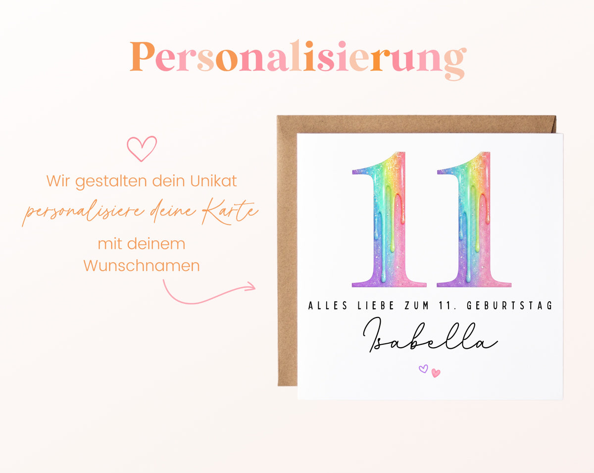 Personalisierte Kindergeburtstagskarte zum 11. – Regenbogenzahl – Hinweis zur Personalisierung mit Wunschname