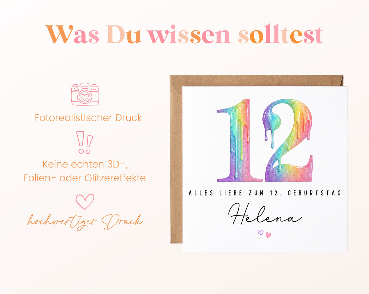 Personalisierte Kindergeburtstagskarte zum 12. – Regenbogenzahl – Hinweise zum fotorealistischen Druck