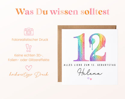 Personalisierte Kindergeburtstagskarte zum 12. – Regenbogenzahl – Hinweise zum fotorealistischen Druck