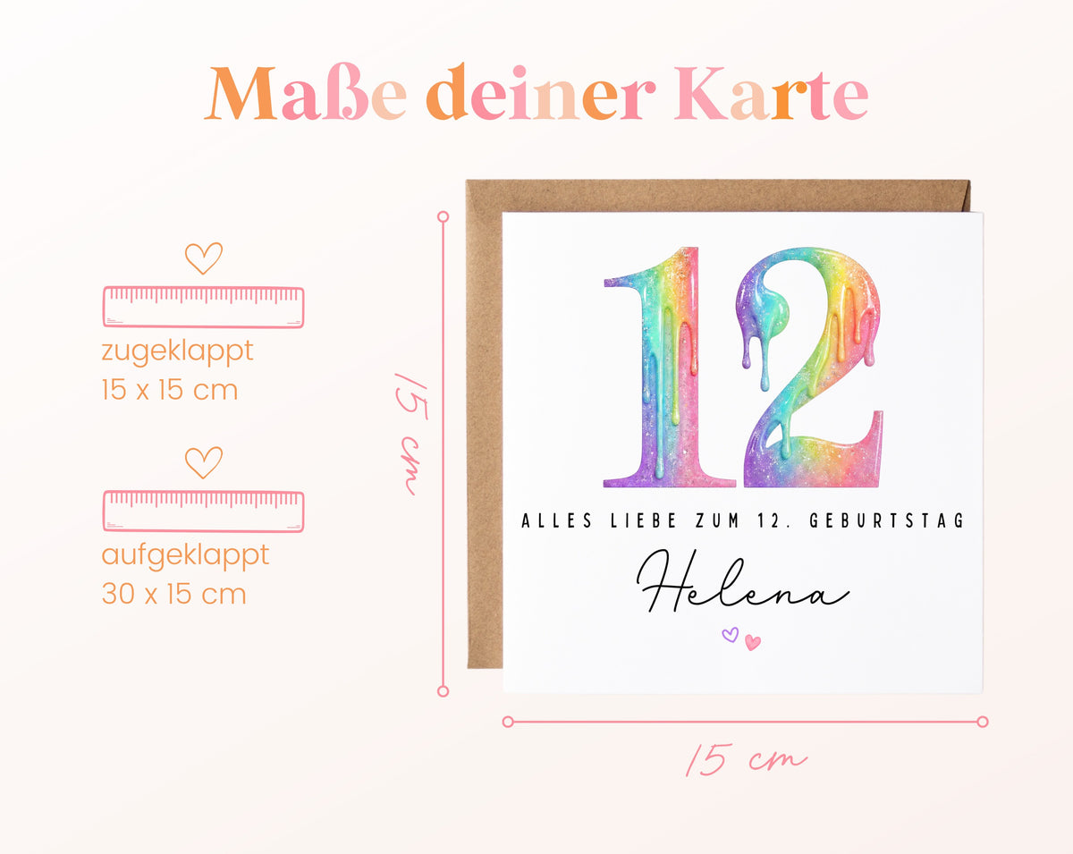 Personalisierte Kindergeburtstagskarte zum 12. – Regenbogenzahl – Maße der Karte
