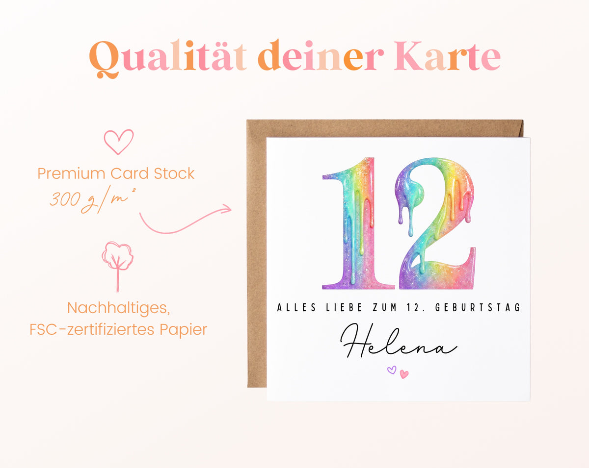 Personalisierte Kindergeburtstagskarte zum 12. – Regenbogenzahl – 300 g/m² Papier und FSC-Zertifizierung