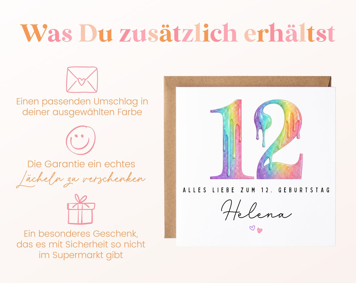 Personalisierte Kindergeburtstagskarte zum 12. – Regenbogenzahl – Zusätzliche Produktinformationen
