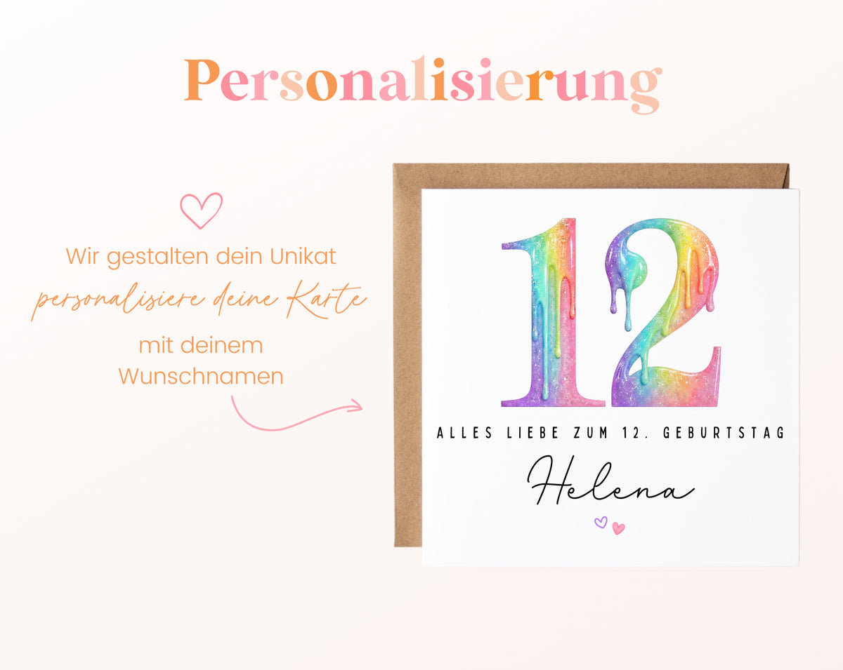 Personalisierte Kindergeburtstagskarte zum 12. – Regenbogenzahl – Hinweis zur Personalisierung mit Wunschname