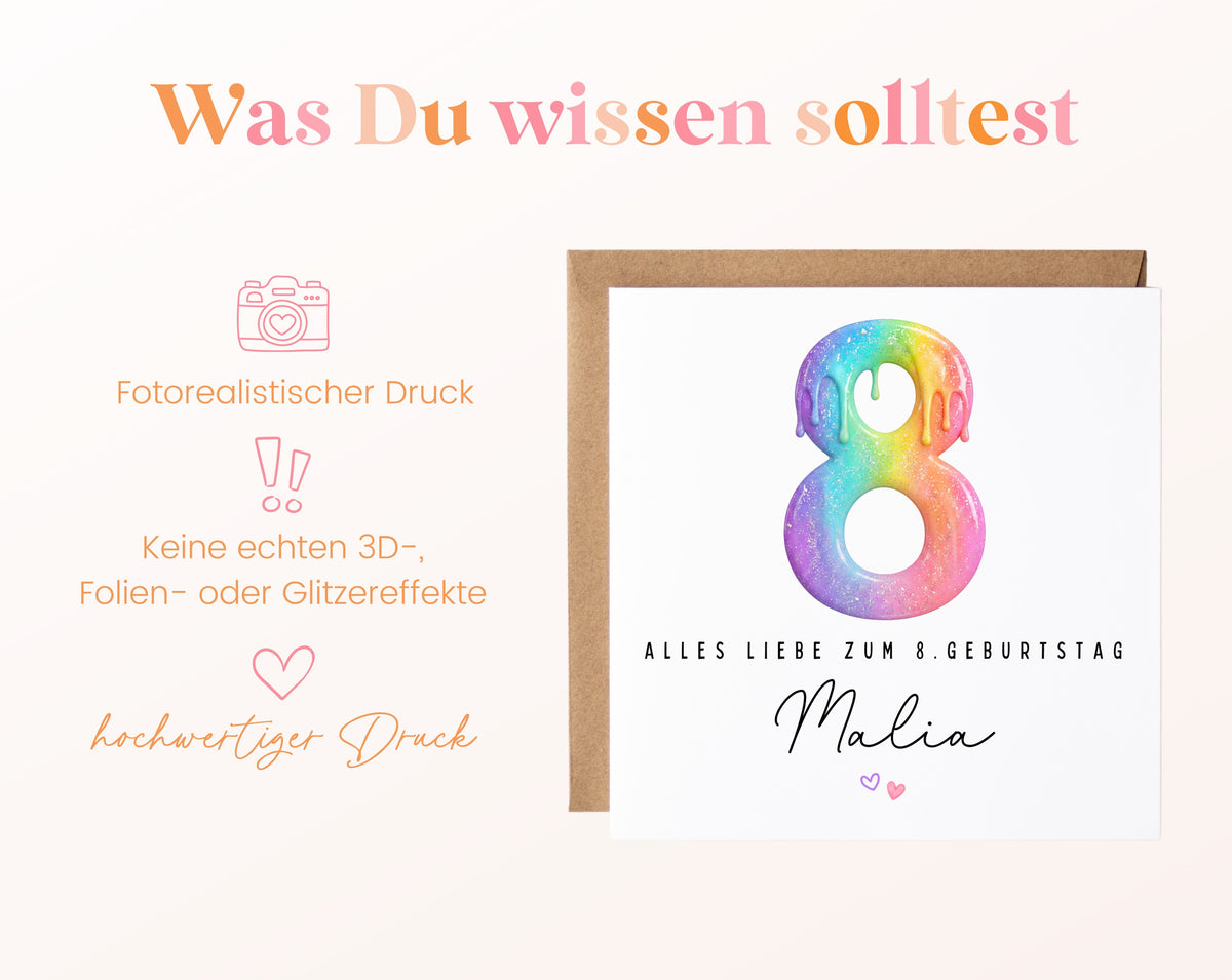 Personalisierte Kindergeburtstagskarte zum 8. – Regenbogenzahl – Hinweise zum fotorealistischen Druck
