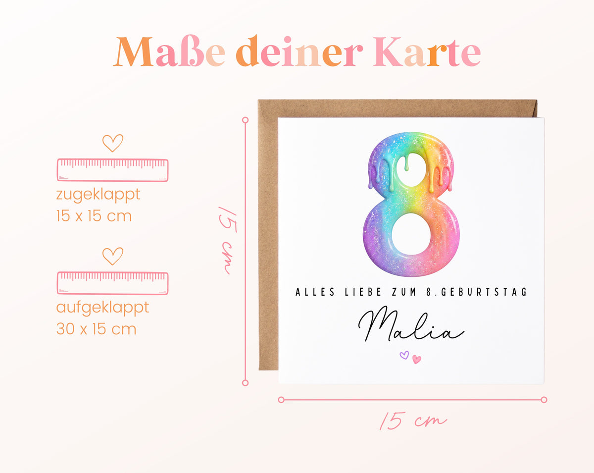 Personalisierte Kindergeburtstagskarte zum 8. – Regenbogenzahl – Maße der Karte