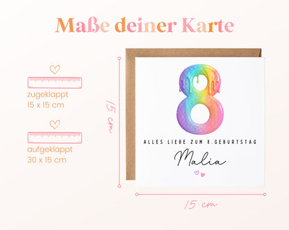 Personalisierte Kindergeburtstagskarte zum 8. – Regenbogenzahl – Maße der Karte