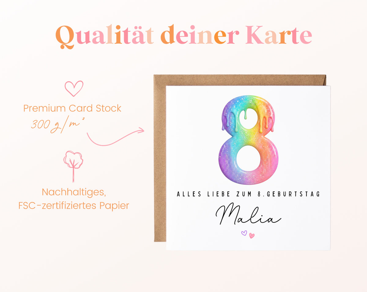 Personalisierte Kindergeburtstagskarte zum 8. – Regenbogenzahl – 300 g/m² Papier und FSC-Zertifizierung