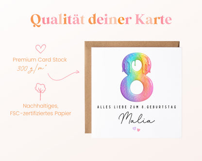 Personalisierte Kindergeburtstagskarte zum 8. – Regenbogenzahl – 300 g/m² Papier und FSC-Zertifizierung