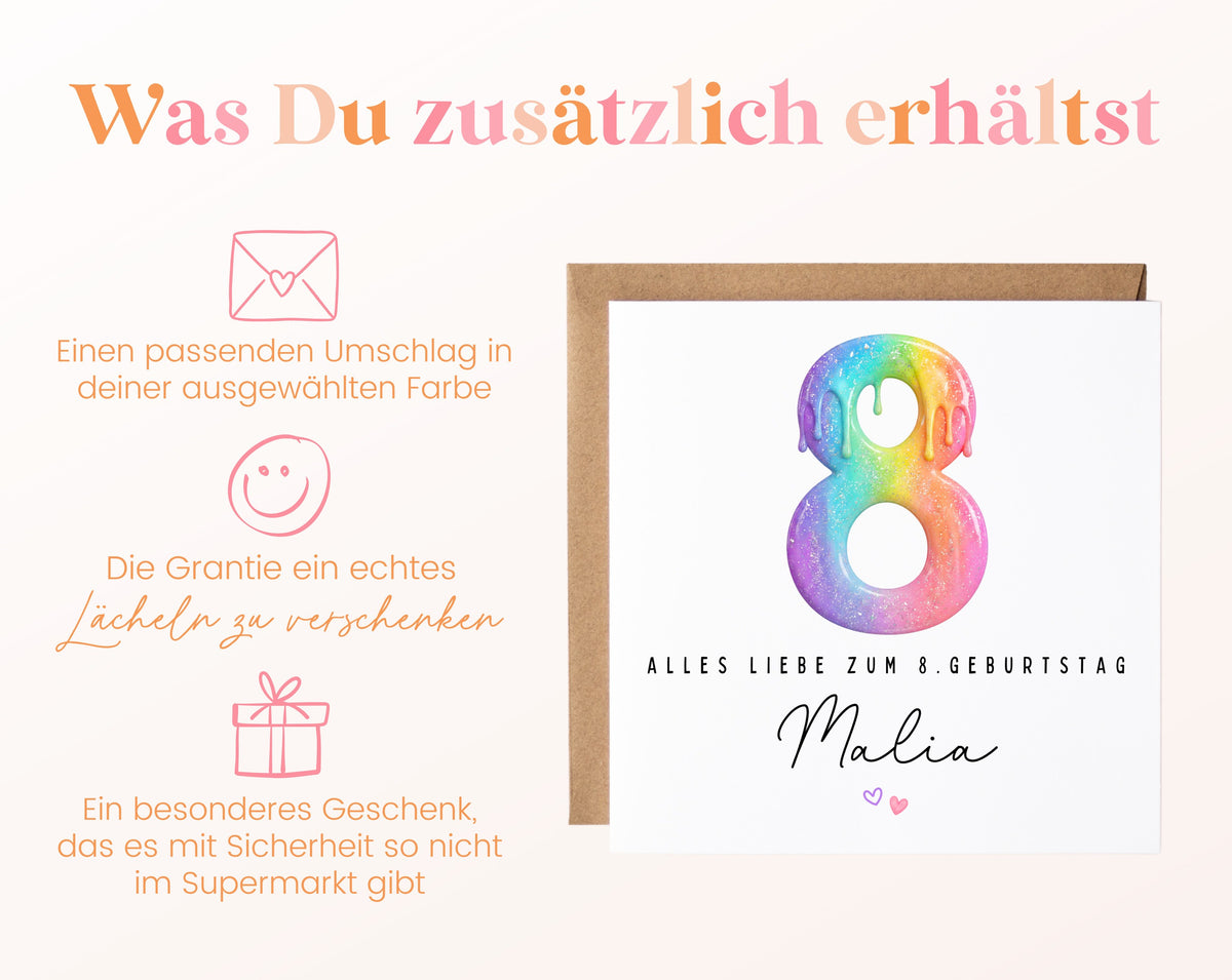 Personalisierte Kindergeburtstagskarte zum 8. – Regenbogenzahl – Zusätzliche Produktinformationen