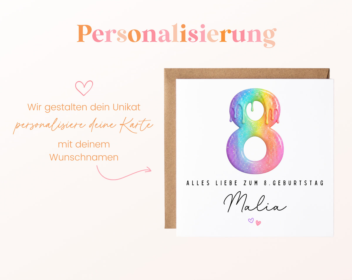 Personalisierte Kindergeburtstagskarte zum 8. – Regenbogenzahl – Hinweis zur Personalisierung mit Wunschname
