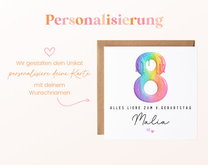 Personalisierte Kindergeburtstagskarte zum 8. – Regenbogenzahl – Hinweis zur Personalisierung mit Wunschname
