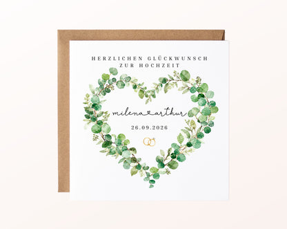 Personalisierte Hochzeitskarte – Eukalyptusherz mit verbundenen Namen – Karte mit Kraftpapierumschlag