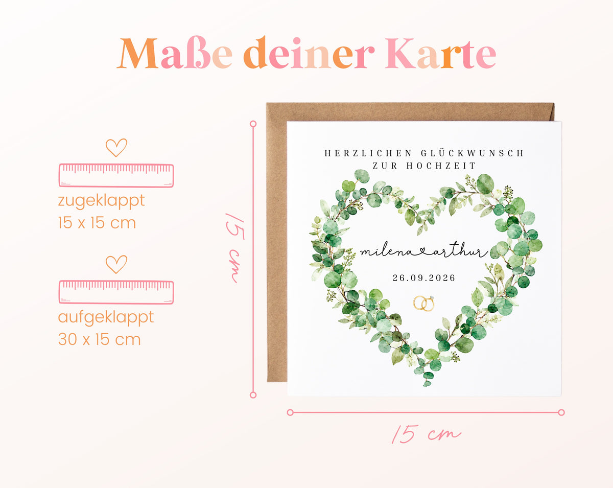 Personalisierte Hochzeitskarte – Eukalyptusherz mit verbundenen Namen – Maße der Karte