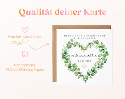 Personalisierte Hochzeitskarte – Eukalyptusherz mit verbundenen Namen – 300 g/m² Papier und FSC-Zertifizierung