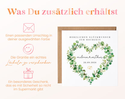 Personalisierte Hochzeitskarte – Eukalyptusherz mit verbundenen Namen – Zusätzliche Produktinformationen