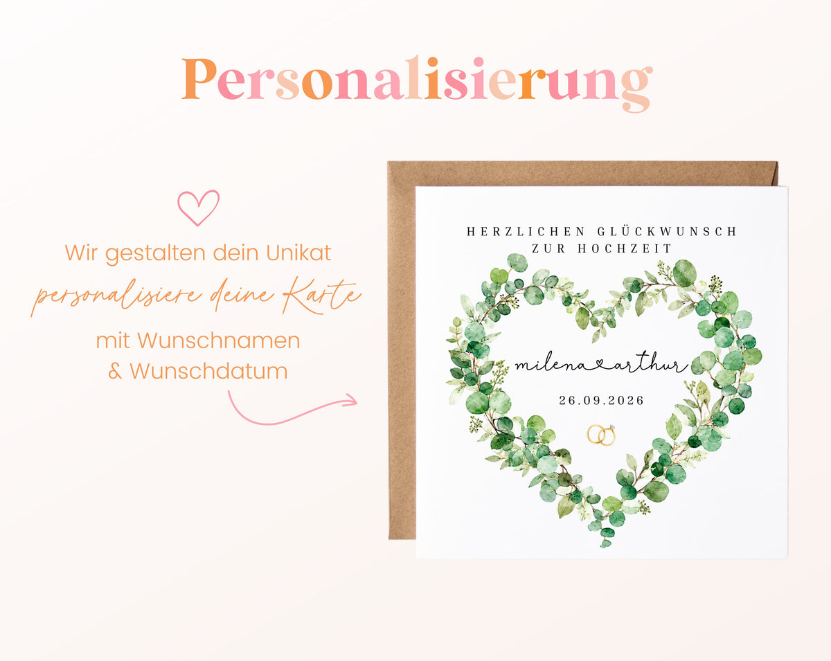 Personalisierte Hochzeitskarte – Eukalyptusherz mit verbundenen Namen – Hinweis zur Personalisierung mit Namen und Datum