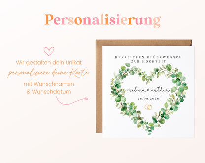 Personalisierte Hochzeitskarte – Eukalyptusherz mit verbundenen Namen – Hinweis zur Personalisierung mit Namen und Datum