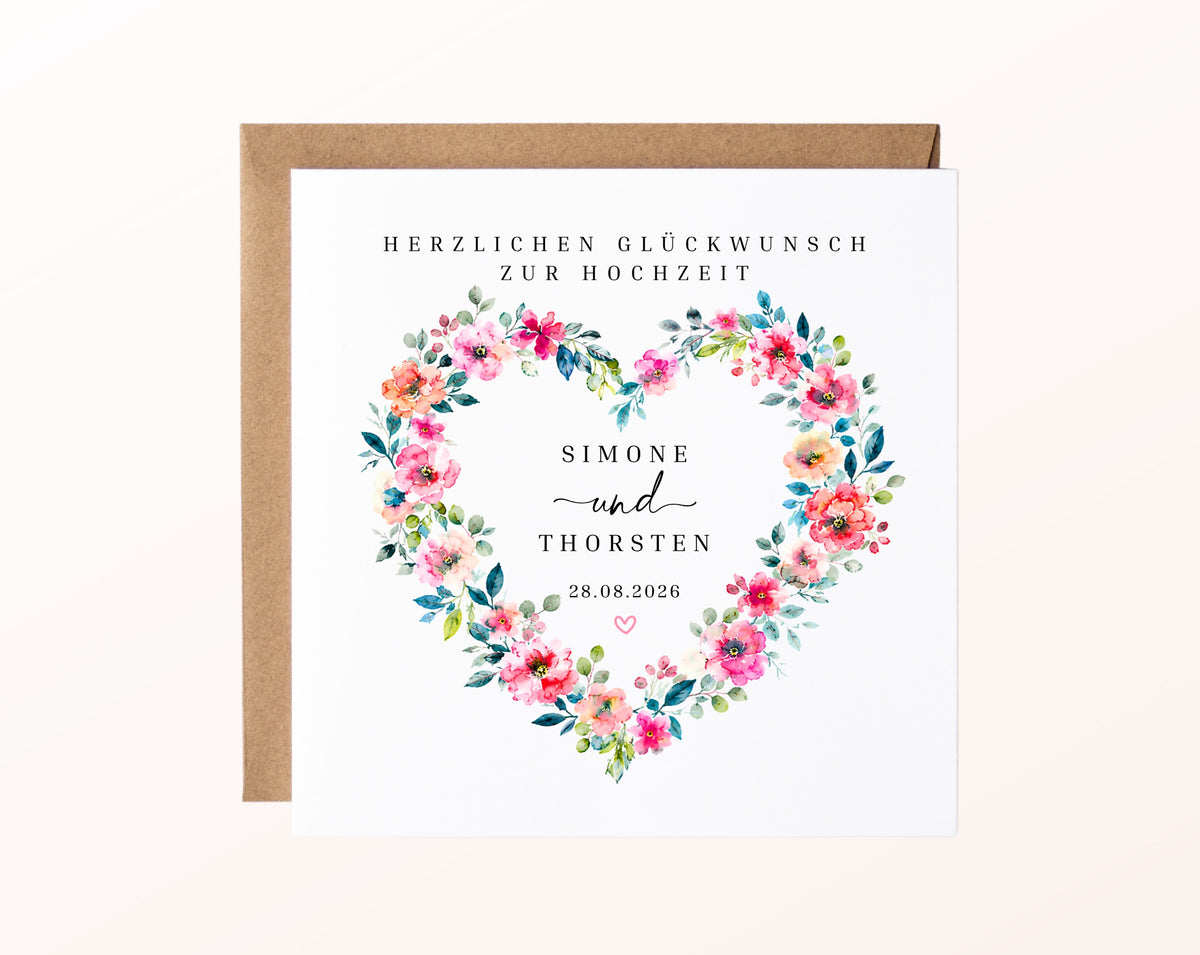 Personalisierte Hochzeitskarte – Buntes Blumenherz mit Namen und Datum – Karte mit Kraftpapierumschlag